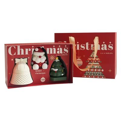 กล่องคริสต์มาสกระดาษสีแดงหรูหราพร้อมหูหิ้วสำหรับบรรจุภัณฑ์ของขวัญ อาหาร เครื่องประดับ ร้านขายยา ออกแบบแบรนด์