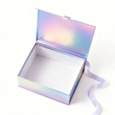 กล่องบรรจุภัณฑ์ของขวัญแบบมีฝาพับแม่เหล็ก Holographic Deluxe สวยงาม พร้อมริบบิ้น วัสดุรีไซเคิลสำหรับถุงเท้า